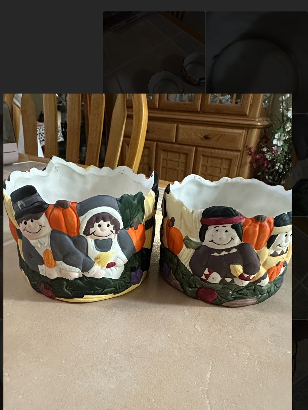 Hand-Painted Fall Pilgrim & Native American Ceramic Planter Bowls - Multicolor